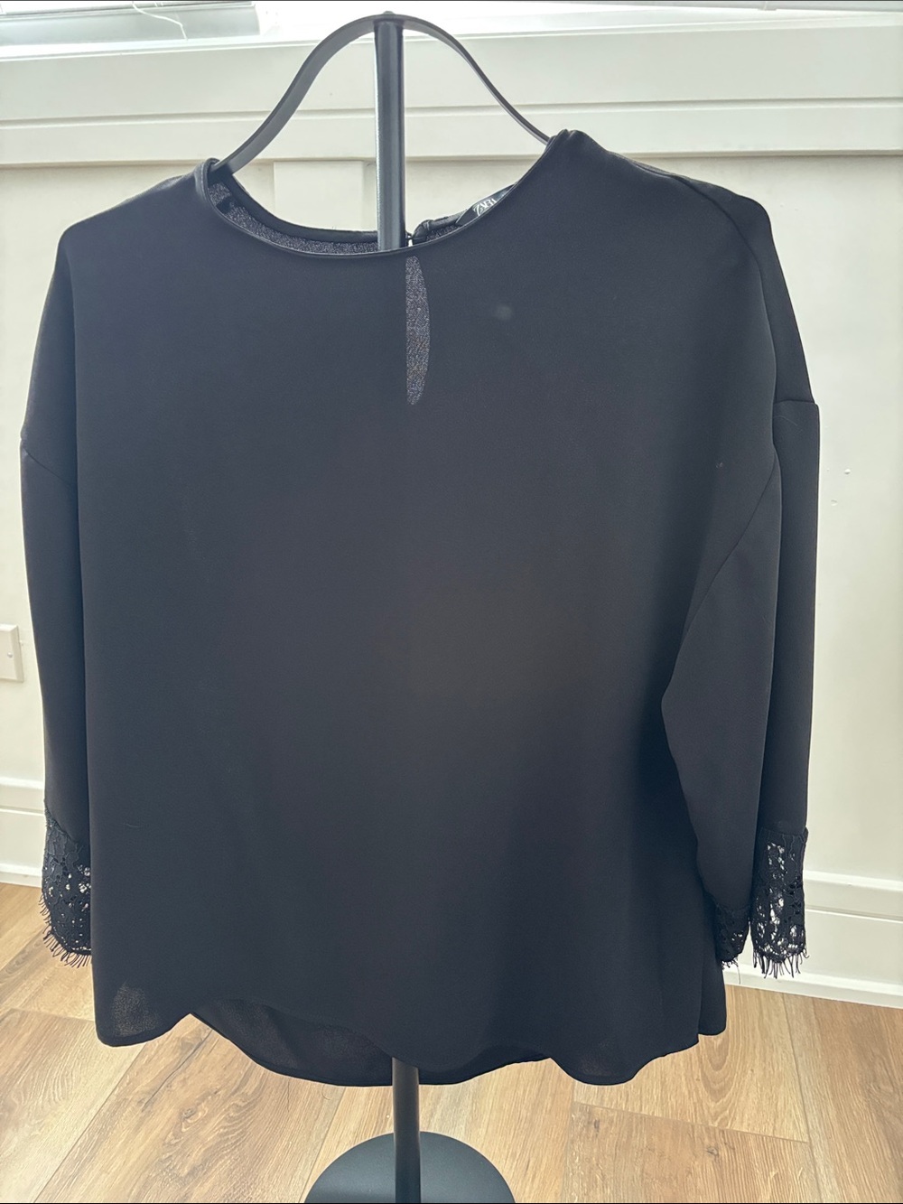 Zara Black Blouse with Lace Trim Cuffs